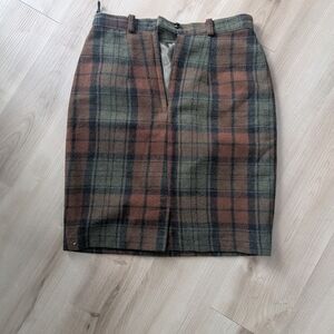Plaid Wool Blend Skirt - Brown and Green